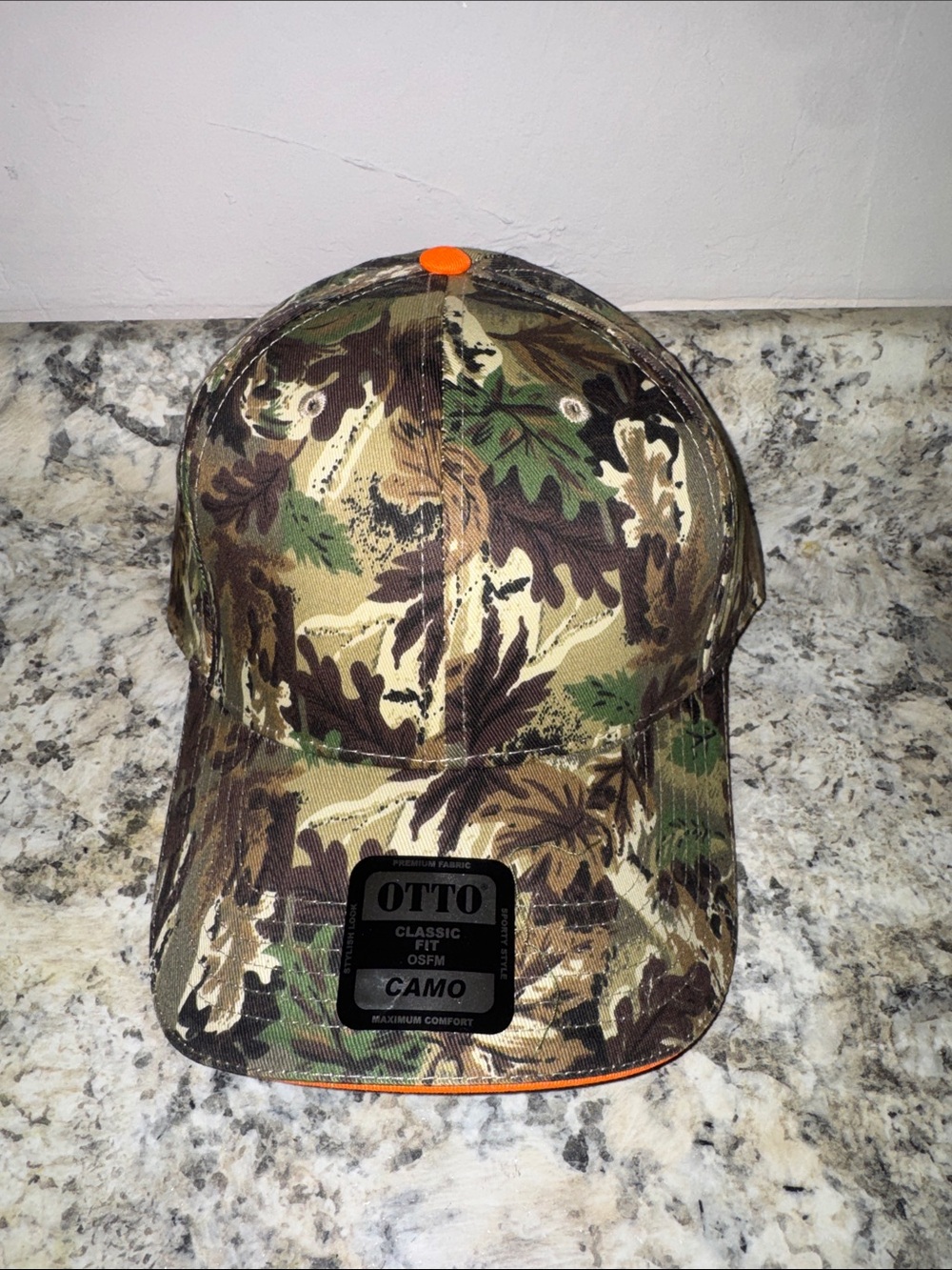 New Otto Camouflage hat with orange accents hunter style